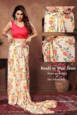 Cream Colour Ready To Wear Georgette Fabric Saree WITH UN-STITCHED BLOUSE 2