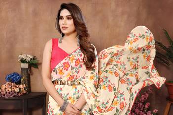 Cream Colour Ready To Wear Georgette Fabric Saree WITH UN-STITCHED BLOUSE 3
