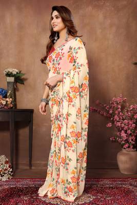 Cream Colour Ready To Wear Georgette Fabric Saree WITH UN-STITCHED BLOUSE 4