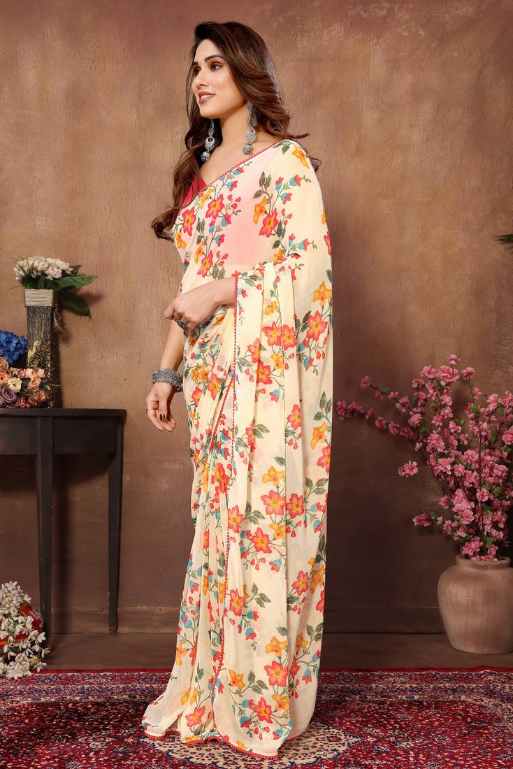 Cream Colour Ready To Wear Georgette Fabric Saree WITH UN-STITCHED BLOUSE