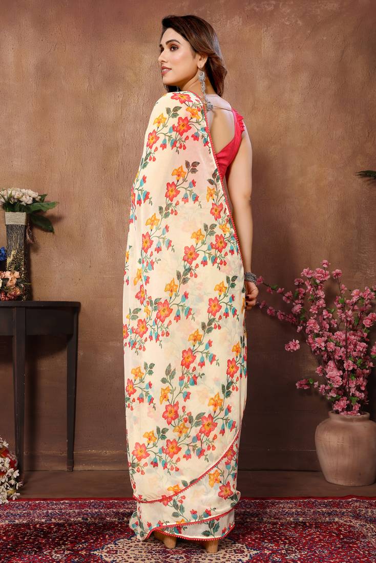 Cream Colour Ready To Wear Georgette Fabric Saree WITH UN-STITCHED BLOUSE