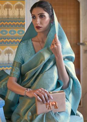 Blue Kumbhi silk bland Kanjivaram style festive wear zari border saree with Blouse 2