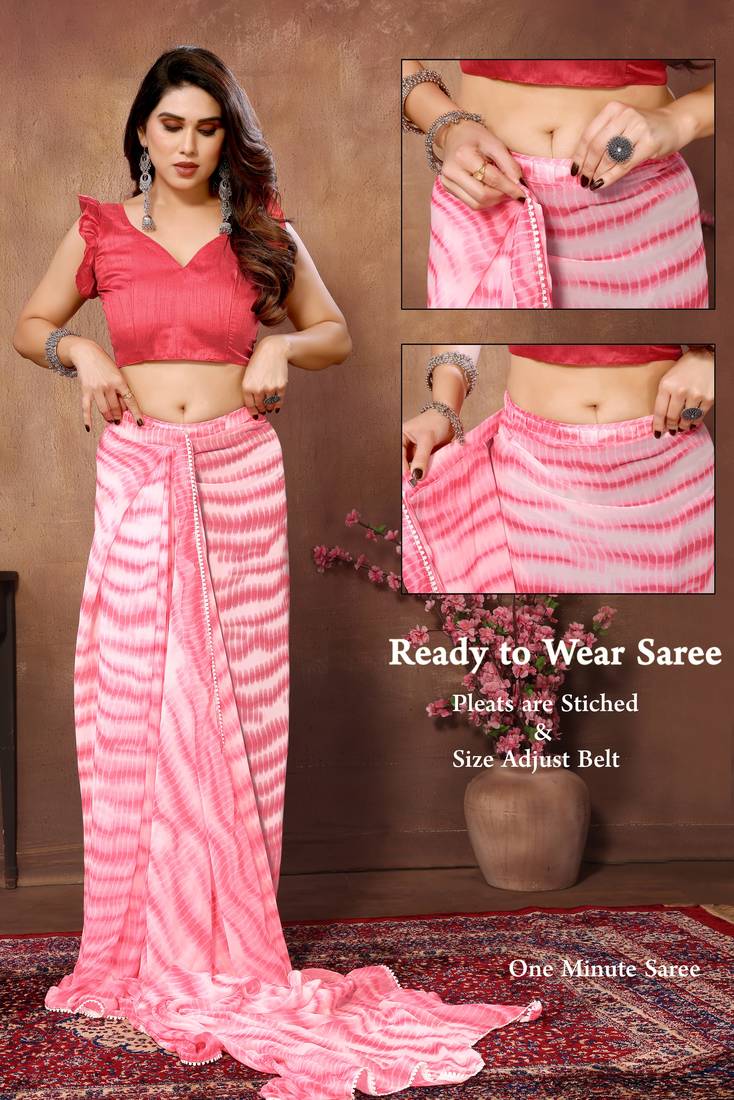 Pink Colour Ready To Wear Georgette Fabric Saree WITH UN-STITCHED BLOUSE