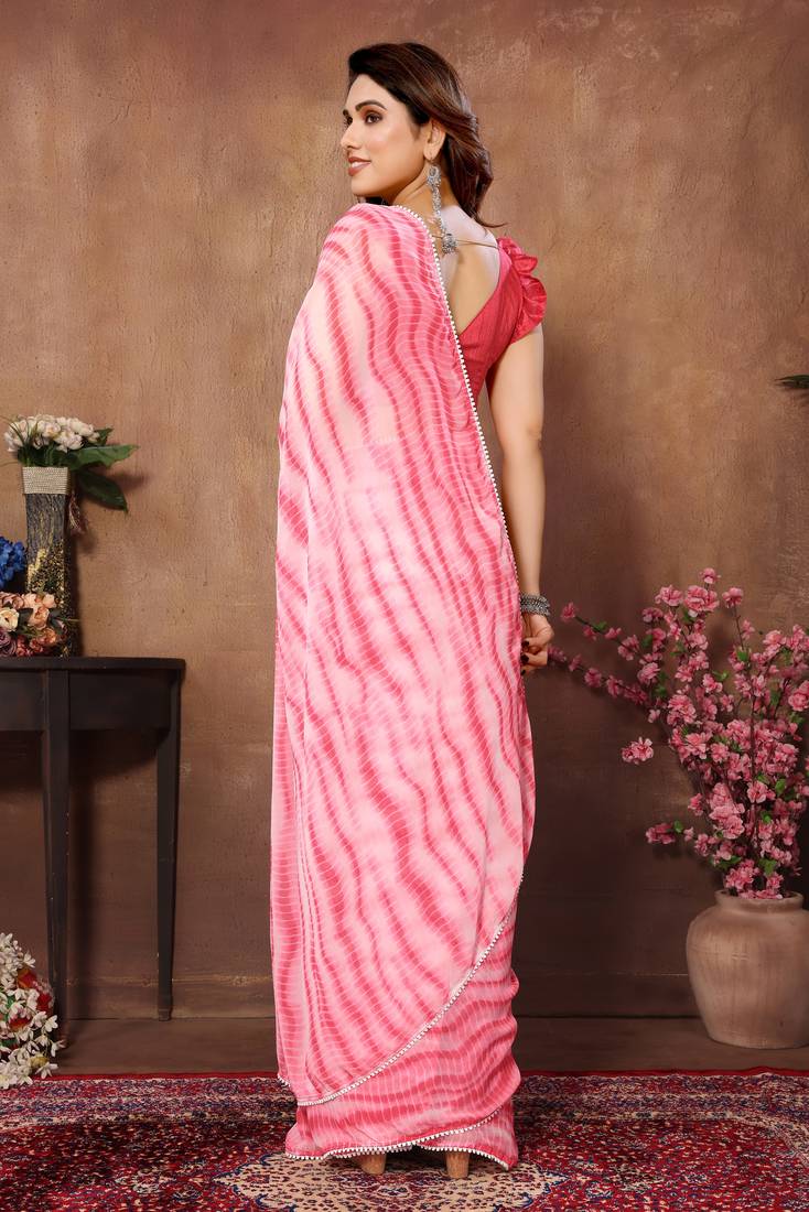 Pink Colour Ready To Wear Georgette Fabric Saree WITH UN-STITCHED BLOUSE