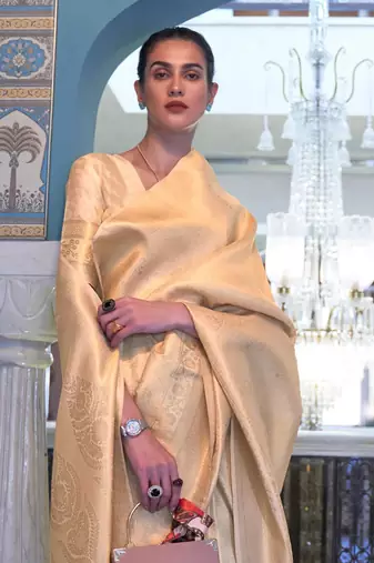 Cream Kumbhi silk bland Kanjivaram style festive wear zari border saree with Blouse