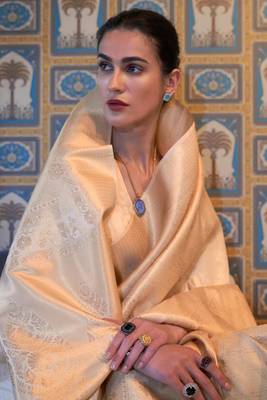 Cream Kumbhi silk bland Kanjivaram style festive wear zari border saree with Blouse 3