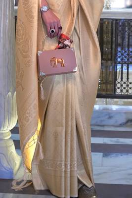 Cream Kumbhi silk bland Kanjivaram style festive wear zari border saree with Blouse 4