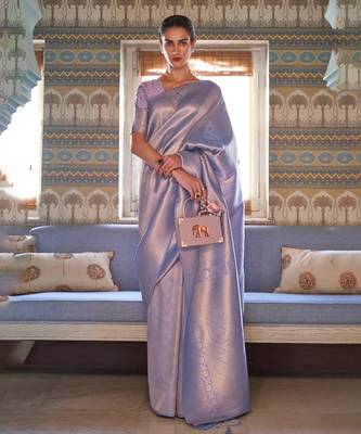Lavender Kumbhi silk bland Kanjivaram style festive wear zari border saree with Blouse 1