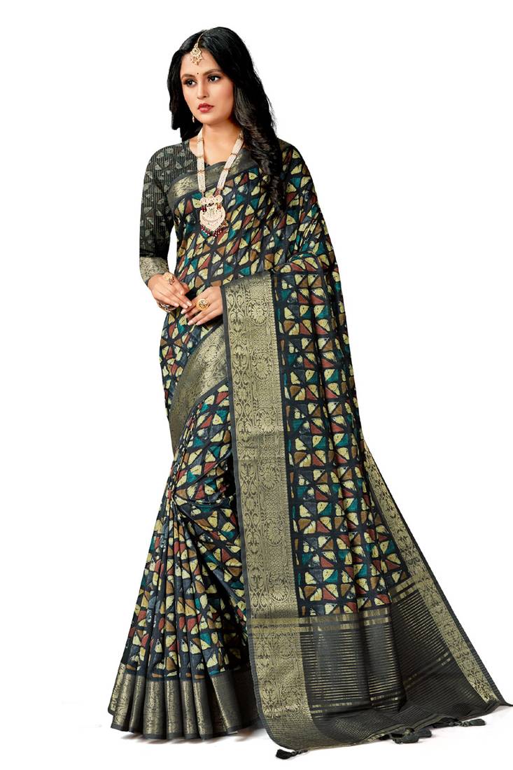 Multi Color Digital Print Jacquard Border Silk Saree