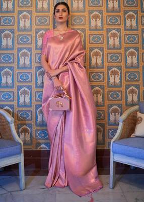 Pink Kumbhi silk bland Kanjivaram style festive wear zari border saree with Blouse 1
