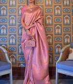 Pink Kumbhi silk bland Kanjivaram style festive wear zari border saree with Blouse