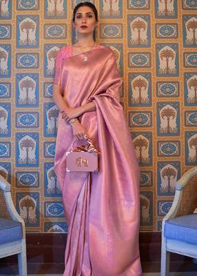 Pink Kumbhi silk bland Kanjivaram style festive wear zari border saree with Blouse 2