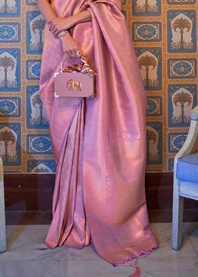 Pink Kumbhi silk bland Kanjivaram style festive wear zari border saree with Blouse 4