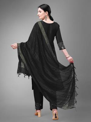 Women embroidered cotton blend black kurta pant dupatta set 2