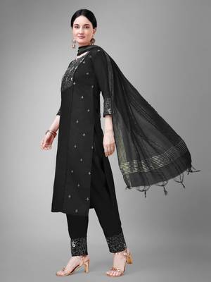 Women embroidered cotton blend black kurta pant dupatta set 3
