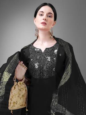 Women embroidered cotton blend black kurta pant dupatta set 4