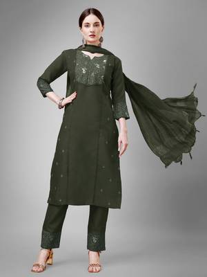 Women embroidered cotton blend dark green kurta pant dupatta set 1