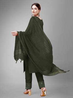 Women embroidered cotton blend dark green kurta pant dupatta set 2