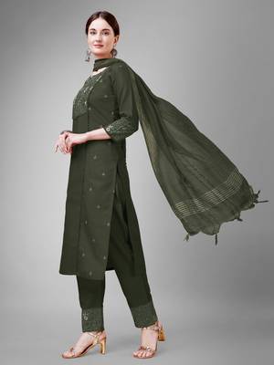 Women embroidered cotton blend dark green kurta pant dupatta set 3