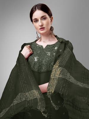 Women embroidered cotton blend dark green kurta pant dupatta set 4
