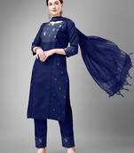 Women embroidered cotton blend navy blue kurta pant dupatta set