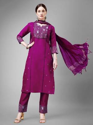 Women embroidered cotton blend purple kurta pant dupatta set 1