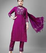 Women embroidered cotton blend purple kurta pant dupatta set