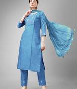 Women embroidered cotton blend sky blue kurta pant dupatta set