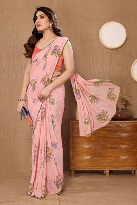 Peach Colour Ready To Wear Georgette Fabric Saree WITH UN-STITCHED BLOUSE 3