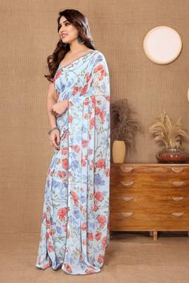 Sky Colour Ready To Wear Georgette Fabric Saree WITH UN-STITCHED BLOUSE 3