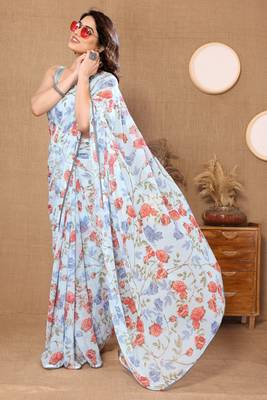 Sky Colour Ready To Wear Georgette Fabric Saree WITH UN-STITCHED BLOUSE 4