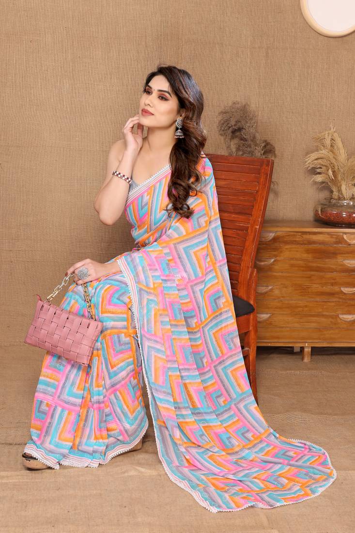 Multi Colour Ready To Wear Georgette Fabric Saree WITH UN-STITCHED BLOUSE