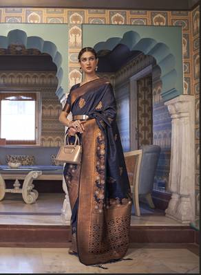 Navyblue Women'S Designer Tessar Silk Copper Zari Weaving Saree With For Blouse 1