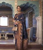 Navyblue Women'S Designer Tessar Silk Copper Zari Weaving Saree With For Blouse