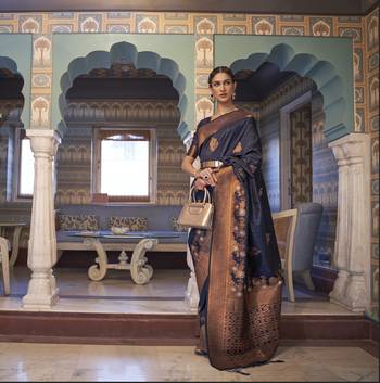 Navyblue Women'S Designer Tessar Silk Copper Zari Weaving Saree With For Blouse 2