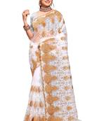 White Resham Zari Stone Embroidery Net Saree