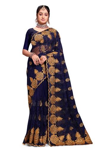 Navy Blue Resham Zari Stone Embroidery Net Saree