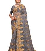 Grey Resham Zari Stone Embroidery Work Net Saree