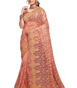 Peach Resham Zari Stone Embroidery Net Saree