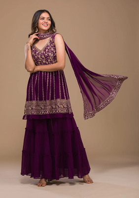  Womens Wine Color Designer Zariwork Georgette Readymade Sharara Suit 1