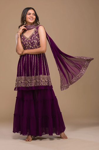  Womens Wine Color Designer Zariwork Georgette Readymade Sharara Suit