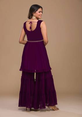  Womens Wine Color Designer Zariwork Georgette Readymade Sharara Suit 2