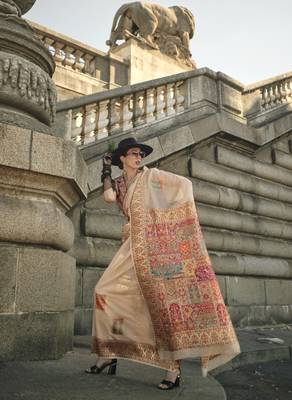 Cream Women'S Designer Handloom Silk Trendy Classic Weaving Saree With For Blouse 1