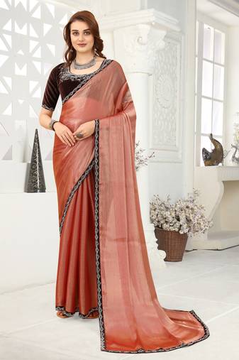 Rust Hot Fix Zarkan Stone Border Organza Saree
