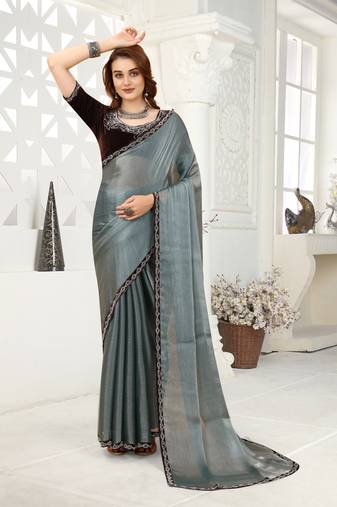 Grey Zarkan Border Work Organza Silk Saree