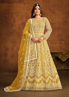 Yellow net floor length salwar kameez 1