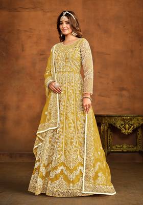 Yellow net floor length salwar kameez 2