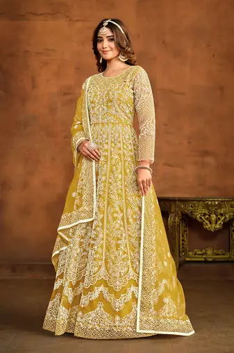 Yellow net floor length salwar kameez