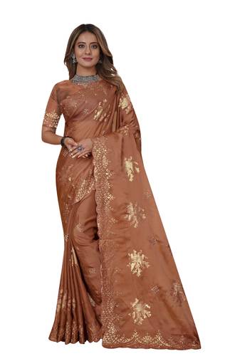 Rust sequin Resham Embroidery Organza Silk Saree