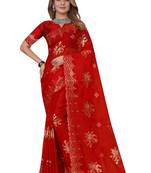 Red sequin Resham Embroidery Work Organza Silk Saree